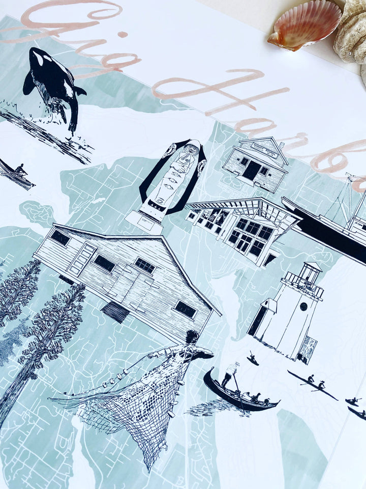 Turn-of-the-Centuries Home Blue / 8 x 10 Gig Harbor "Charms" Map Art Print