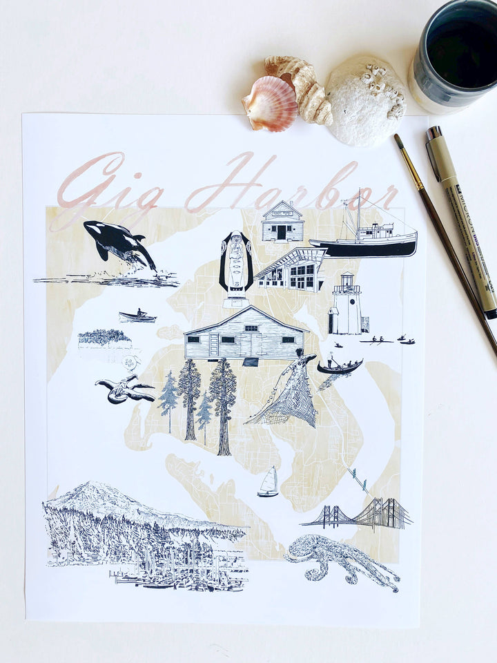 Turn-of-the-Centuries Home Blue / 8 x 10 Gig Harbor "Charms" Map Art Print