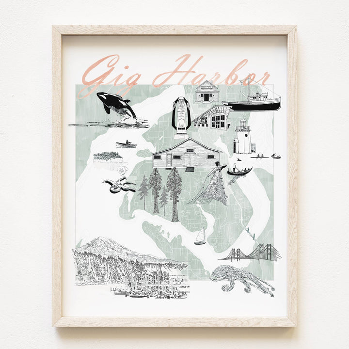 Turn-of-the-Centuries Home Blue / 8 x 10 Gig Harbor "Charms" Map Art Print