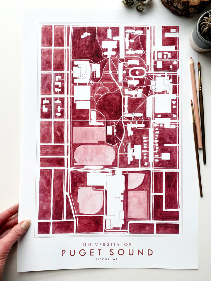 Turn-of-the-Centuries University of Puget Sound Watercolor Campus Map Art Print