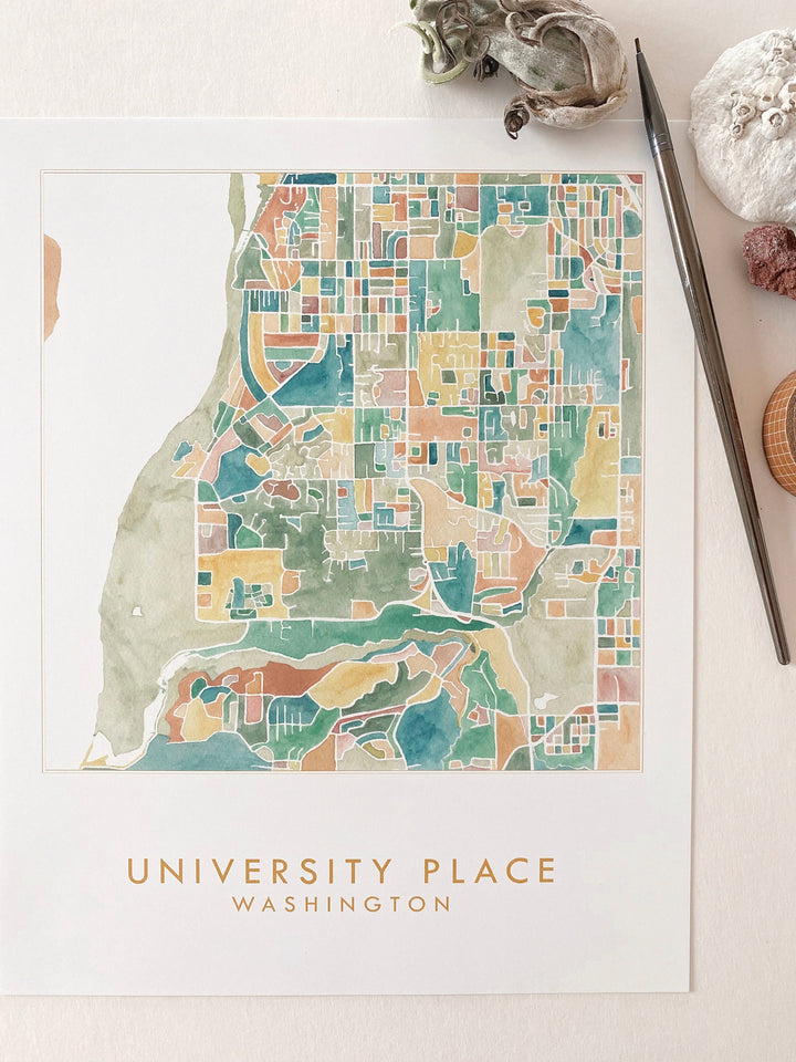 Turn-of-the-Centuries University Place UP Washington Watercolor Map ART PRINT