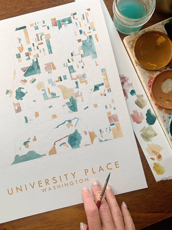 Turn-of-the-Centuries University Place UP Washington Watercolor Map ART PRINT