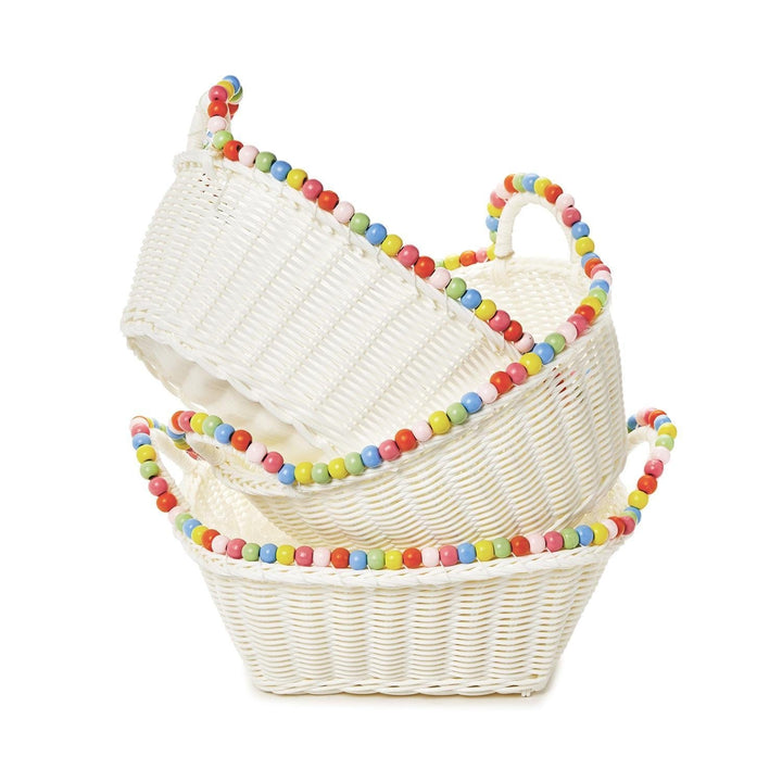 Two's Company Basket Hand-Woven Faux Wicker Basket with Multi-Color Wood Beads