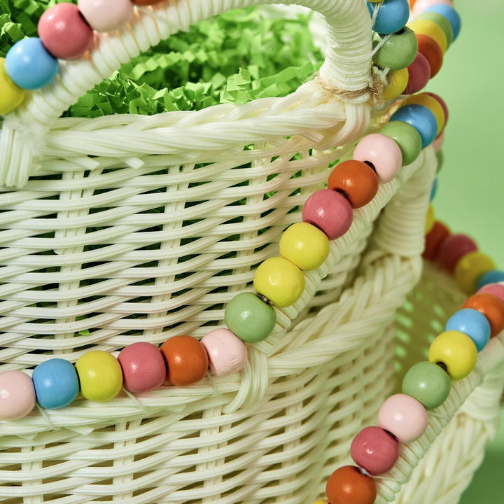 Two's Company Basket Hand-Woven Faux Wicker Basket with Multi-Color Wood Beads