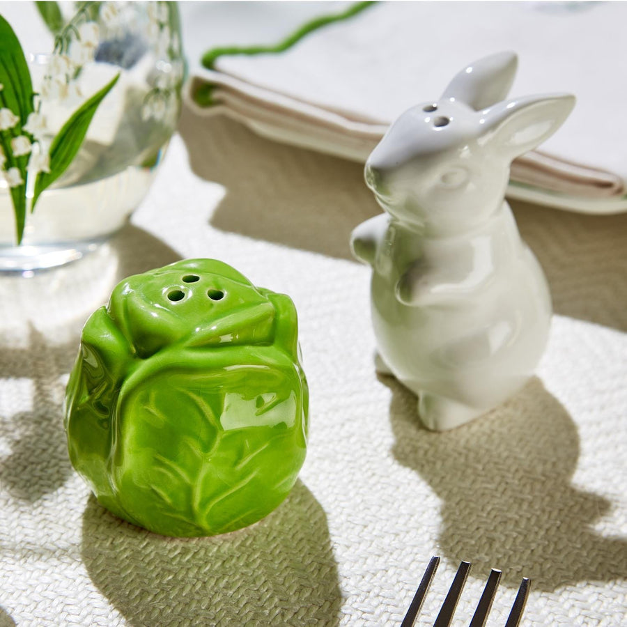Two's Company Easter Decor Easter Bunny and Cabbage Leaf Hand-Painted Salt and Pepper Shaker Set in Gift Box