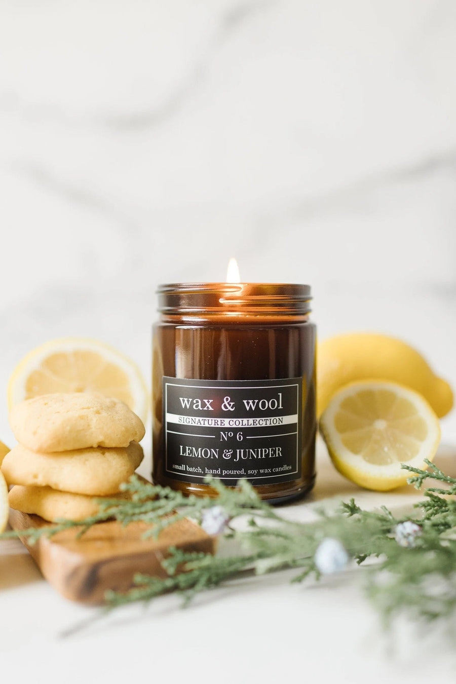 wax & wool Candle Lemon & Juniper 9oz Pure Soy Wax Candle - Amber Jar