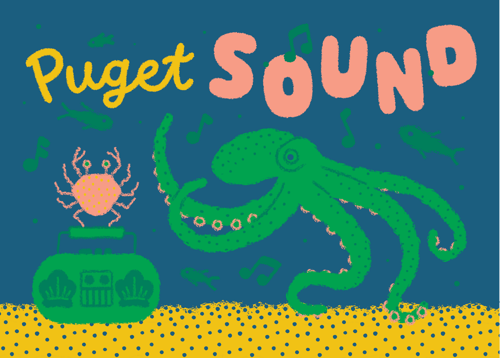 Wug Prints Cards Puget Sound Boombox Octopus Crab and Fish Postcard