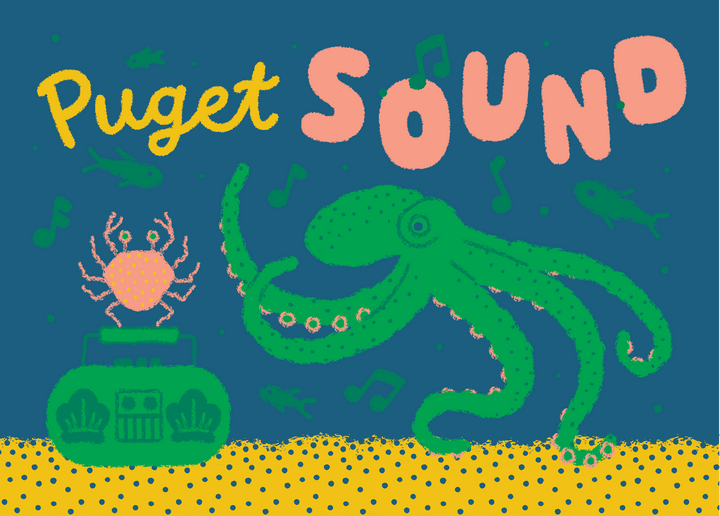 Wug Prints Cards Puget Sound Boombox Octopus Crab and Fish Postcard