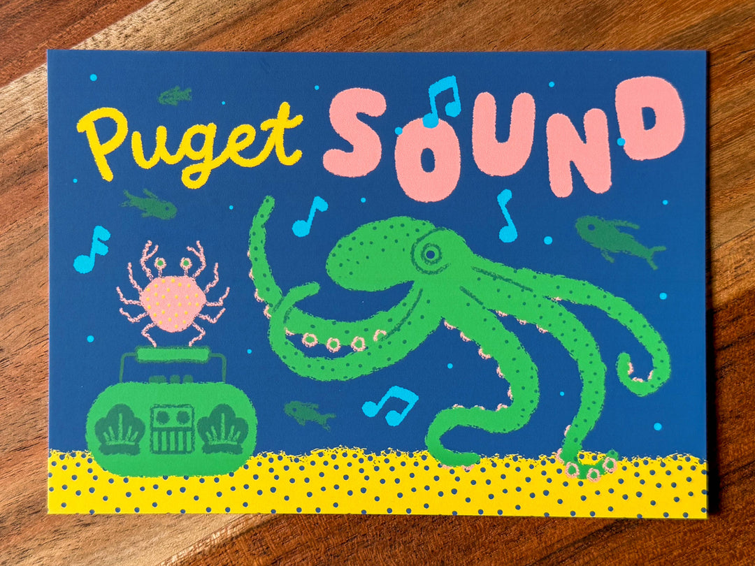 Wug Prints Cards Puget Sound Boombox Octopus Crab and Fish Postcard