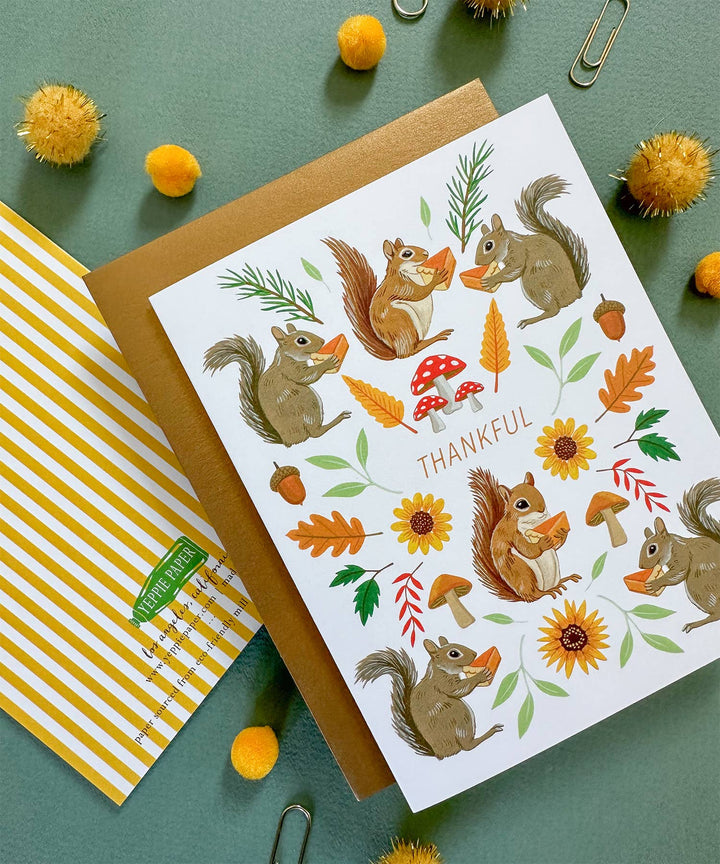 Yeppie Paper Card Thankful Squirrels with Pumpkin Pie Thanksgiving Card