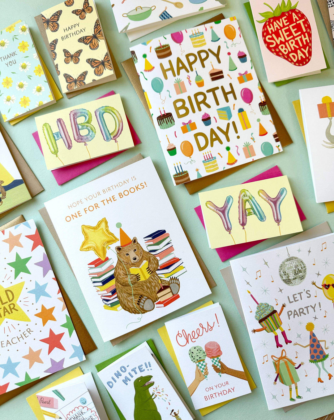 Yeppie Paper Cards Reading Bear with Books and Cake Birthday Card