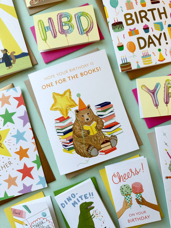 Yeppie Paper Cards Reading Bear with Books and Cake Birthday Card