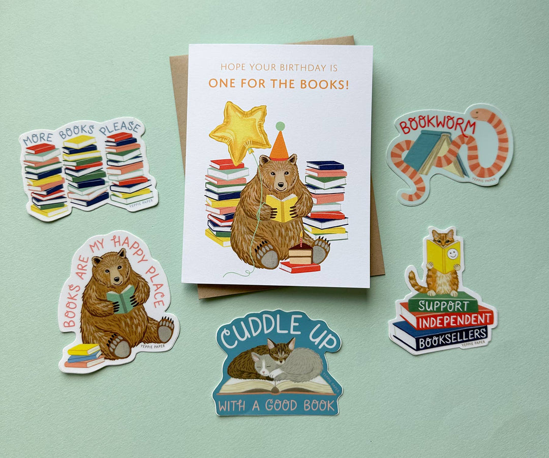 Yeppie Paper Cards Reading Bear with Books and Cake Birthday Card