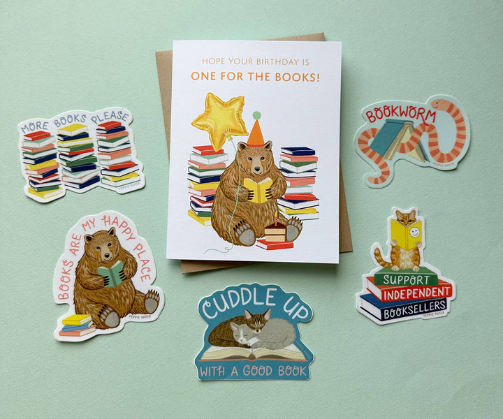 Yeppie Paper Cards Reading Bear with Books and Cake Birthday Card