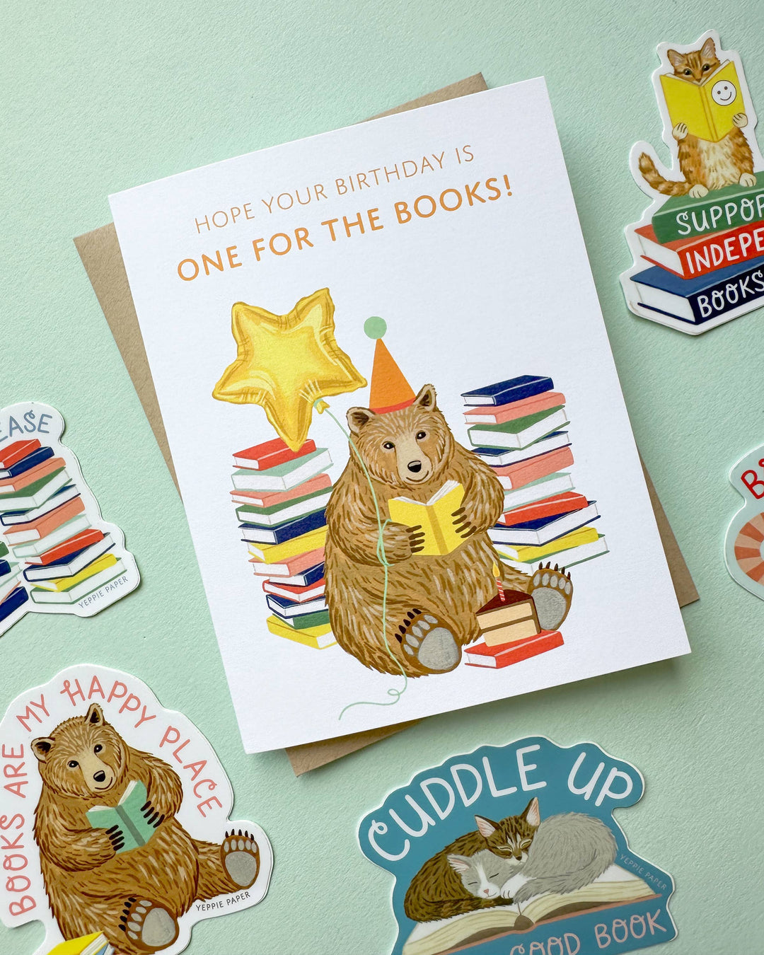 Yeppie Paper Cards Reading Bear with Books and Cake Birthday Card
