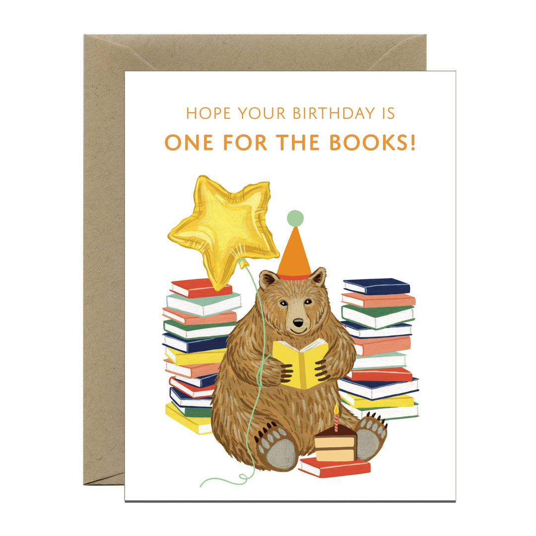Yeppie Paper Cards Reading Bear with Books and Cake Birthday Card