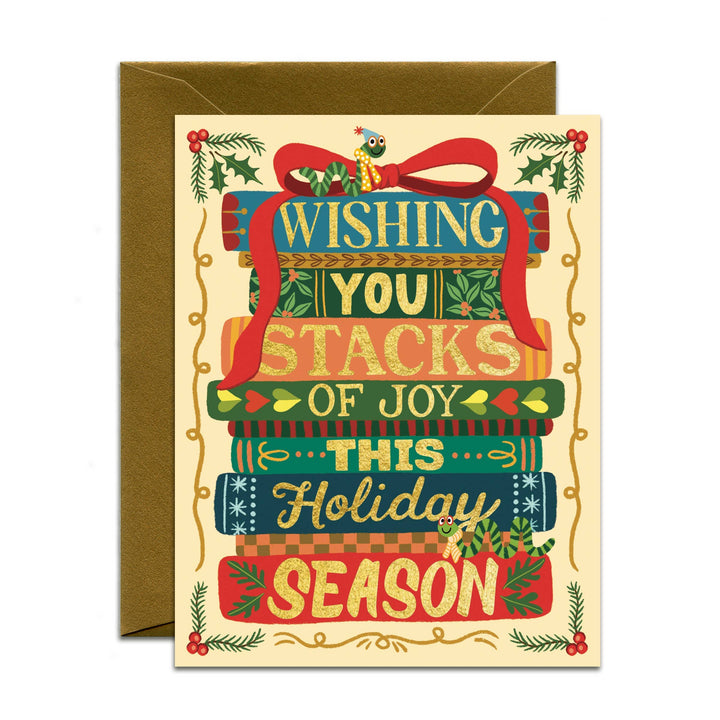 Yeppie Paper Cards Stacks of Joy Book Lover Holiday Card *Foil* - Boxed Set of 6