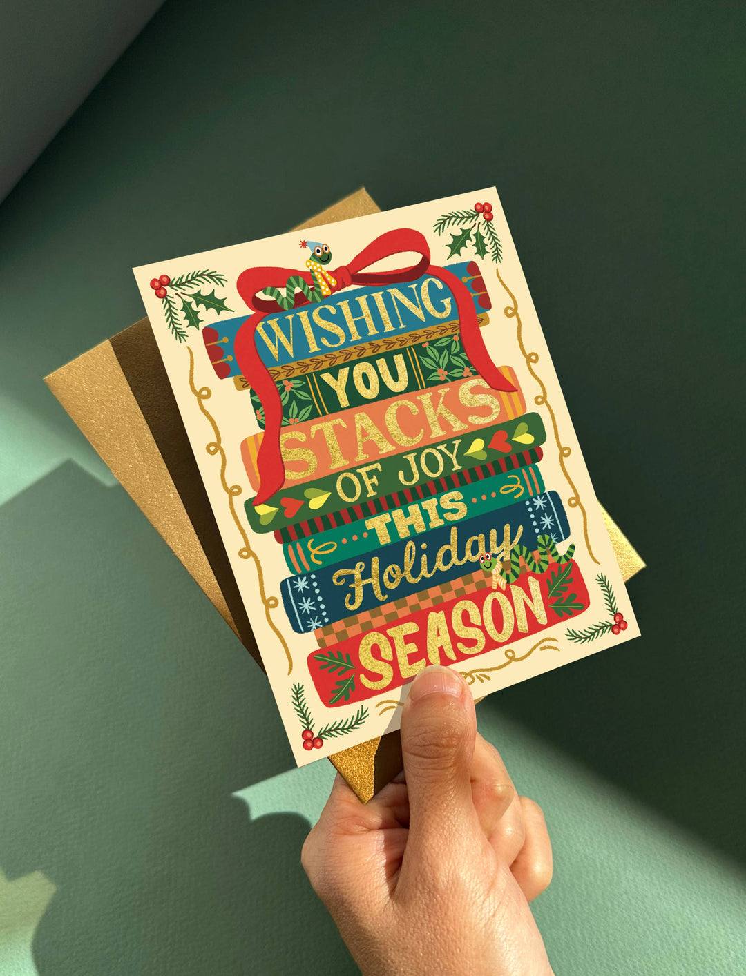 Yeppie Paper Cards Stacks of Joy Book Lover Holiday Card *Foil* - Boxed Set of 6