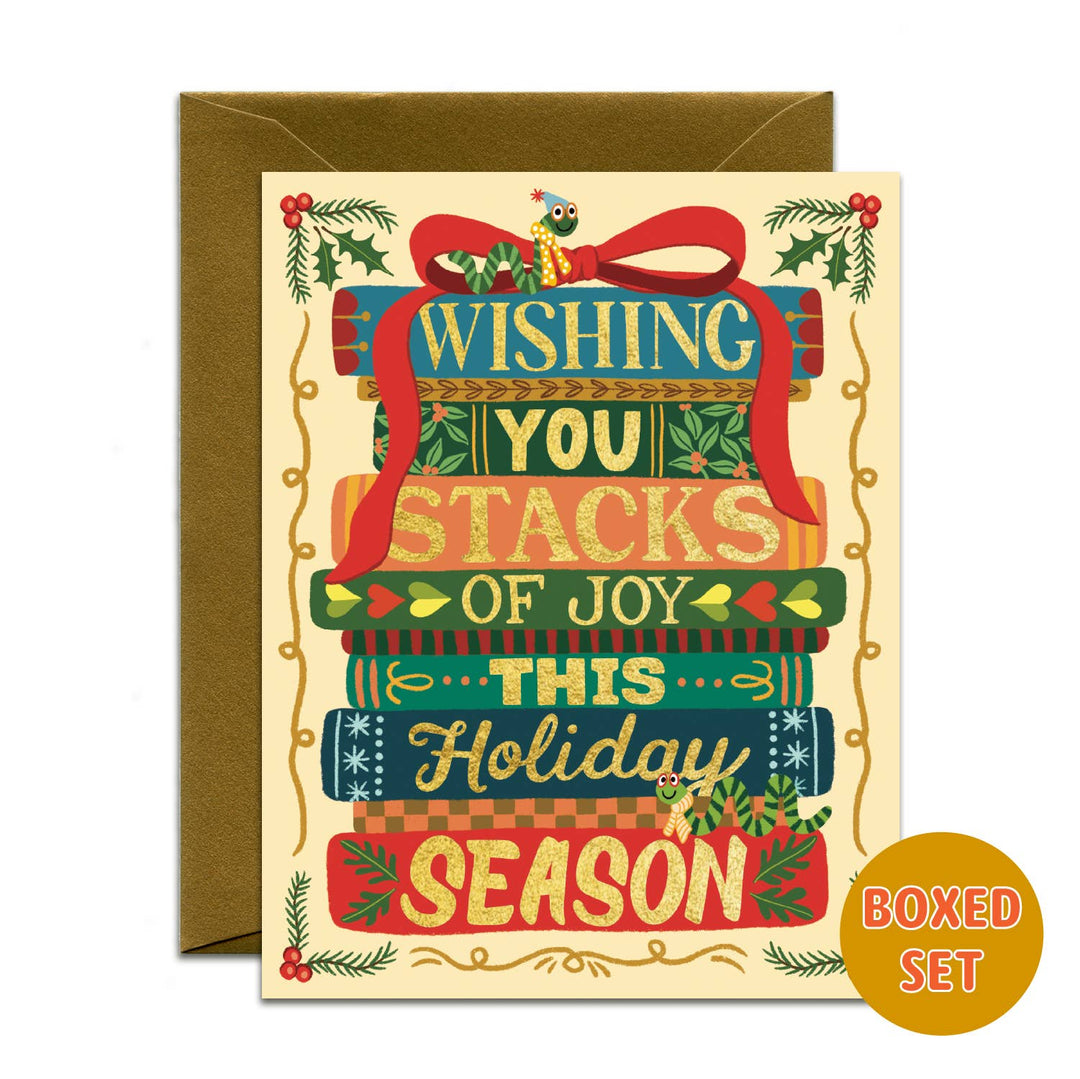 Yeppie Paper Cards Stacks of Joy Book Lover Holiday Card *Foil* - Boxed Set of 6