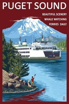 Puget Sound Ferry & Mount Rainier Scene Postcard
