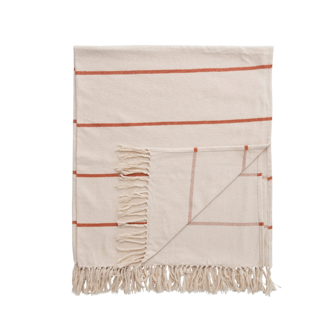 Creative Coop Blanket Cotton Flannel Striped Throw with Fringe