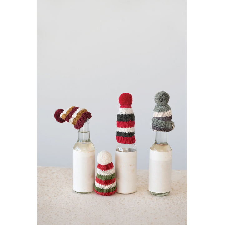 Creative Coop Bottle Stoppers & Savers Cotton Knitted Hat Bottle Topper with Stripes and Pom Pom