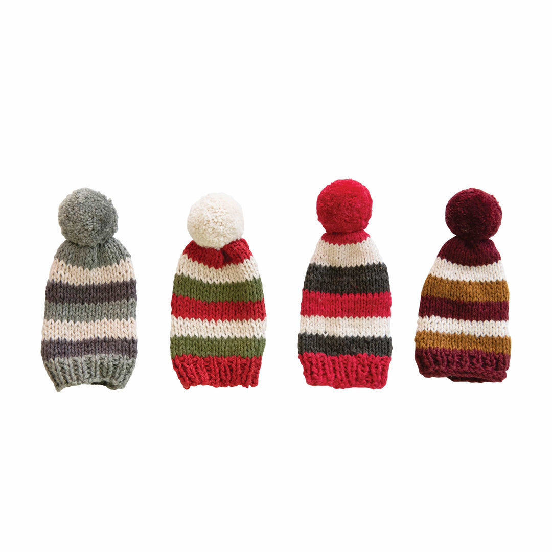 Creative Coop Bottle Stoppers & Savers Cotton Knitted Hat Bottle Topper with Stripes and Pom Pom