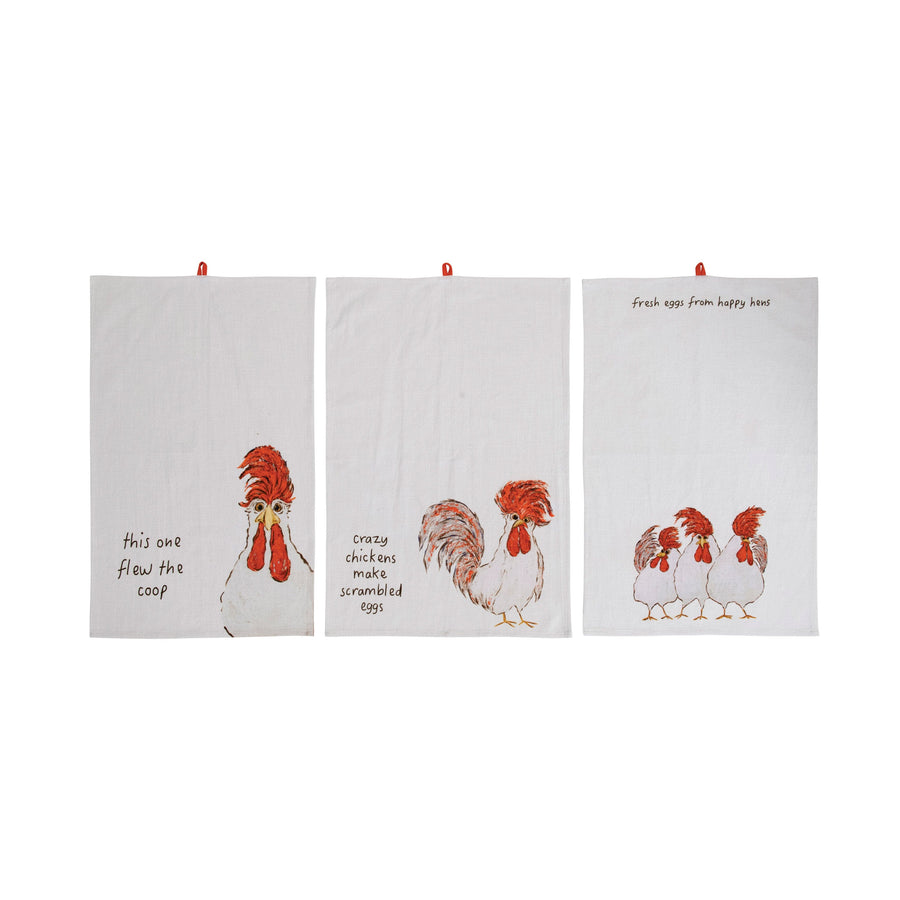 Creative Coop Cloth Napkins Cotton Printed Tea Towel with Chicken and Saying