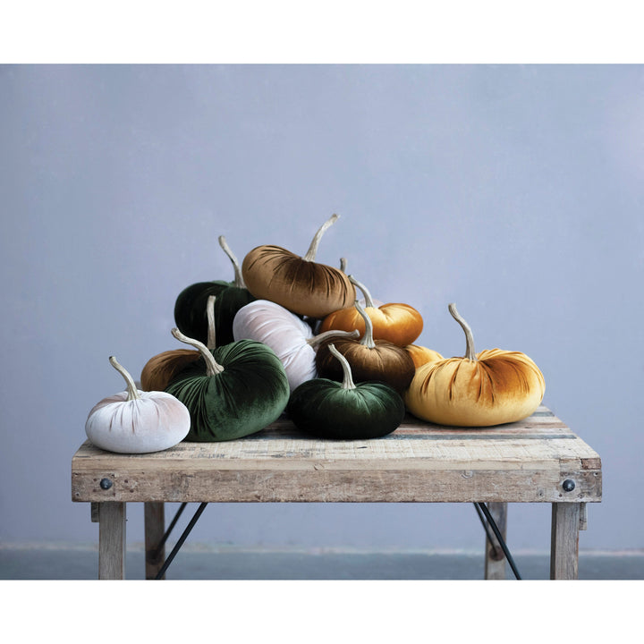 Creative Coop Fall Decor 9-3/4" Round x 9"H Velvet Pumpkin with Resin Stem, Tan