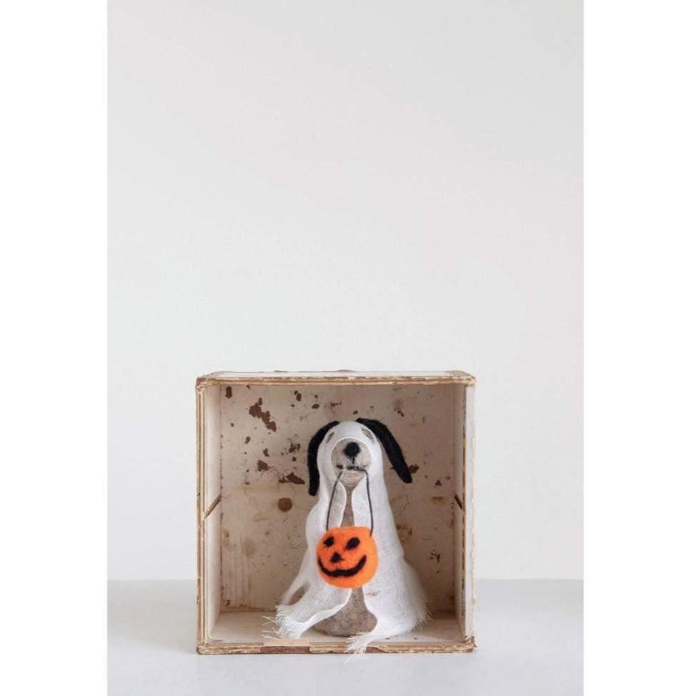 Creative Coop Fall Decor Wool Felt Dog in Ghost Costume