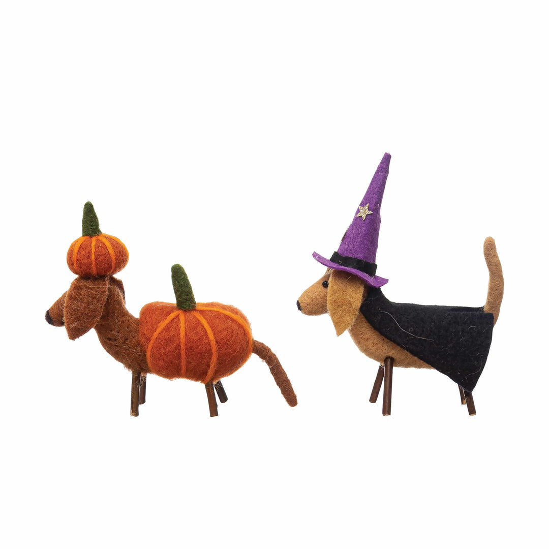 Creative Coop Fall Decor Wool Felt Dog in Pumpkin/Witch Costume