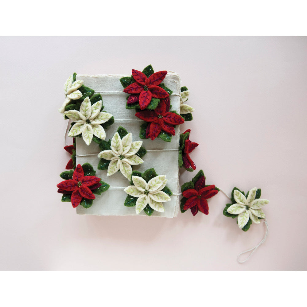 Creative Coop Garland 72"L Wool Felt Poinsettia Garland with Embroidery and Beads