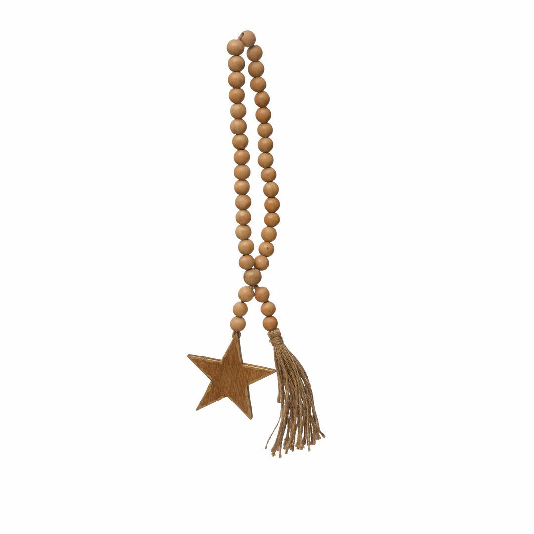 Creative Coop Holiday Decor 17"L Wood Beads with Star Icon and Jute Tassel