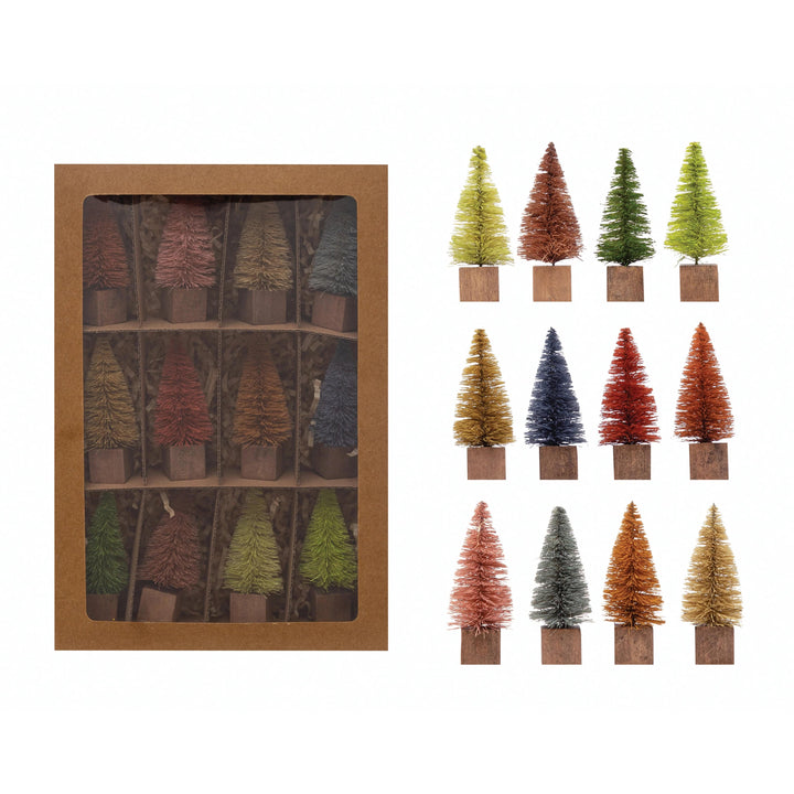 Creative Coop Holiday Decor 3"H Bottle Brush Trees with Wood Base, Multi Color