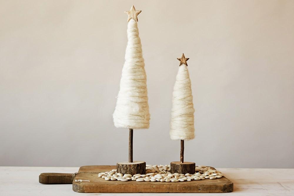 Creative Coop Holiday Decor Cream Wool Tree with Wood Base