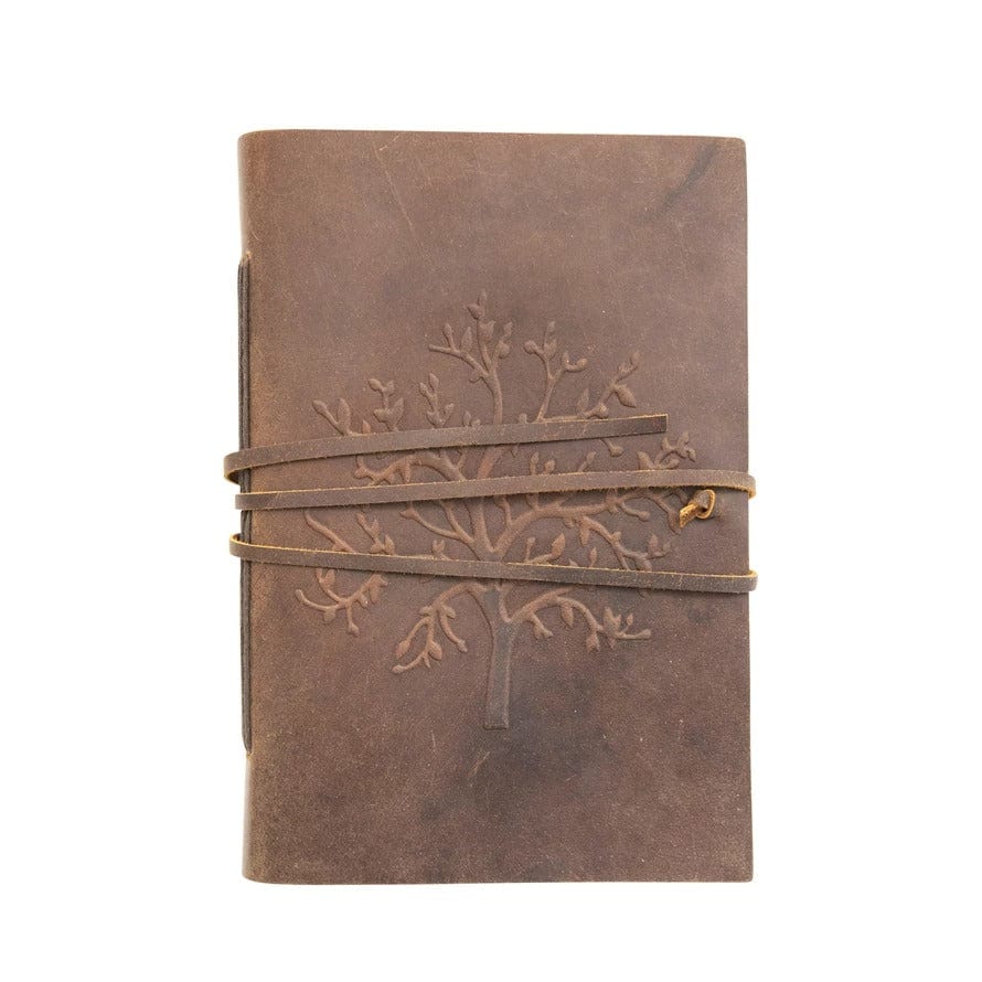 Creative Coop Journal Leather Bound Journal with Handmade Paper, Embossed Tree and Tie