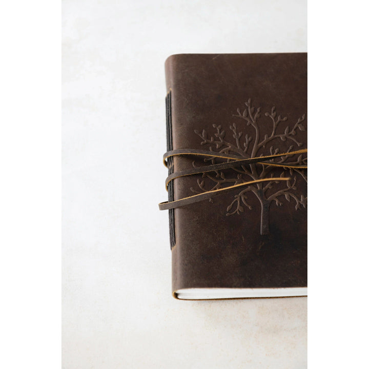 Creative Coop Journal Leather Bound Journal with Handmade Paper, Embossed Tree and Tie
