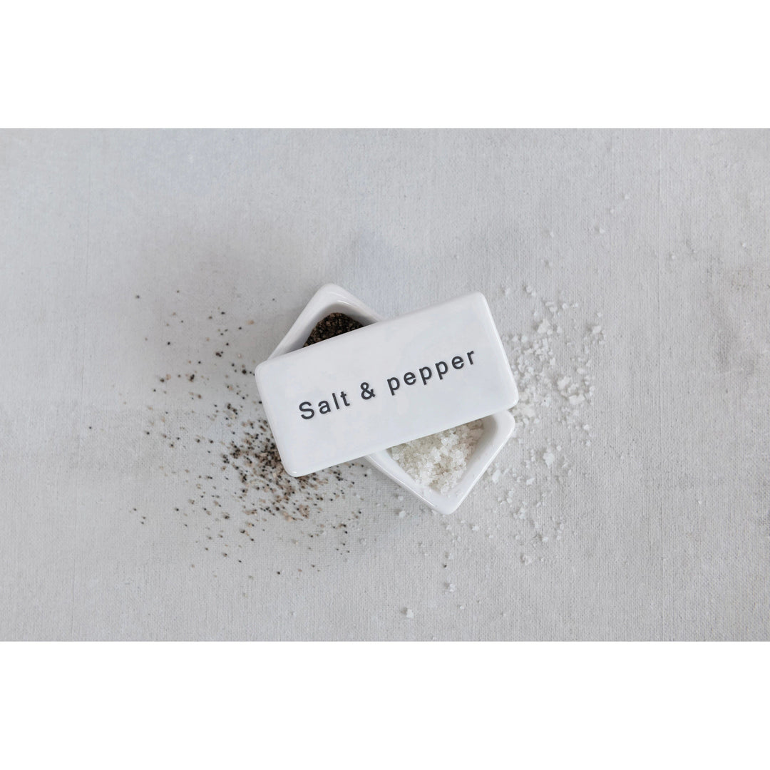 Creative Coop Kitchen Stoneware Pinch Pot with Lid "Salt and Pepper"