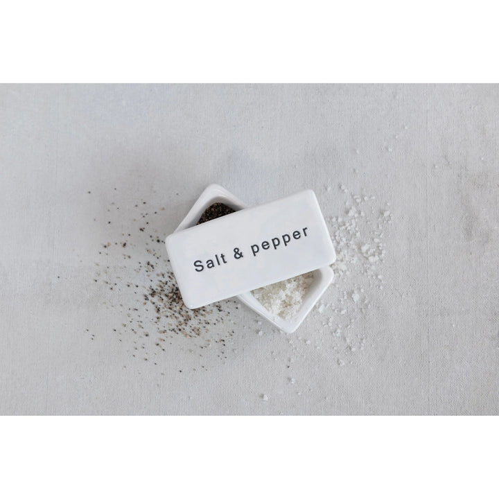 Creative Coop Kitchen Stoneware Pinch Pot with Lid "Salt and Pepper"