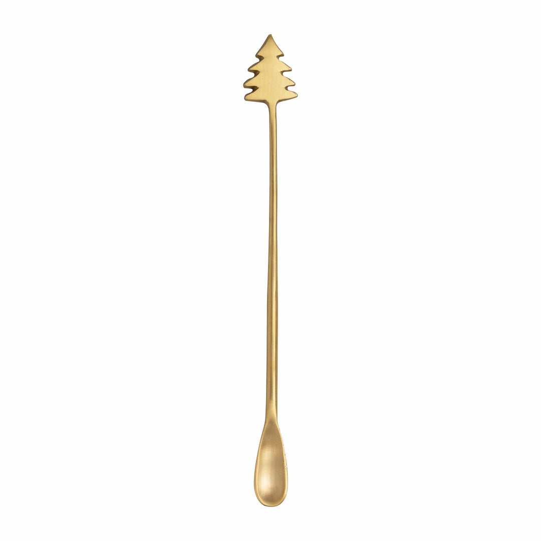 Creative Coop Spoon 9"L Brass Cocktail Spoon with Christmas Tree Handle