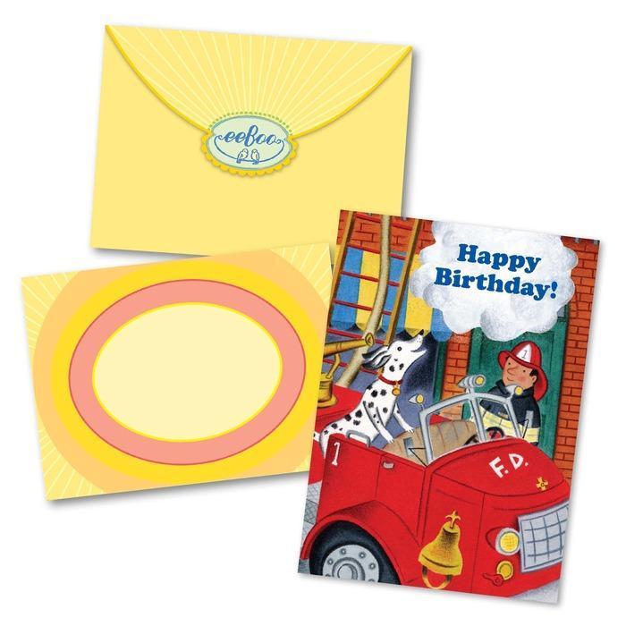 eeBoo Single Card Fire Dog & Fireman Birthday Card