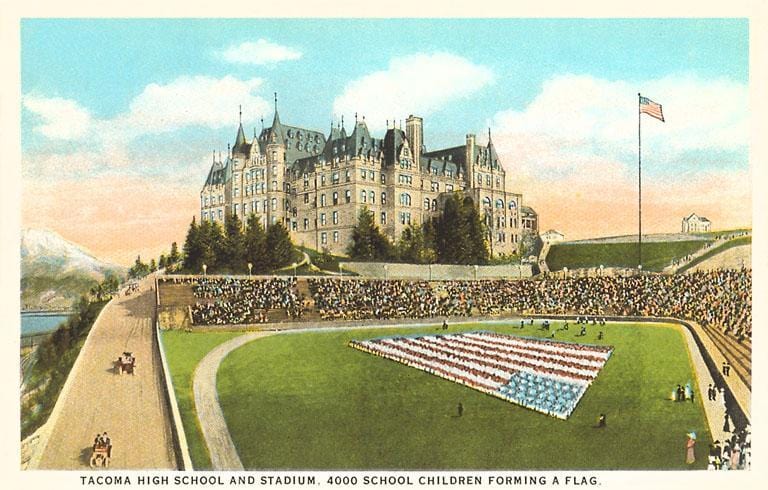 Found Image Press Card Stadium High School - Vintage Image Postcard