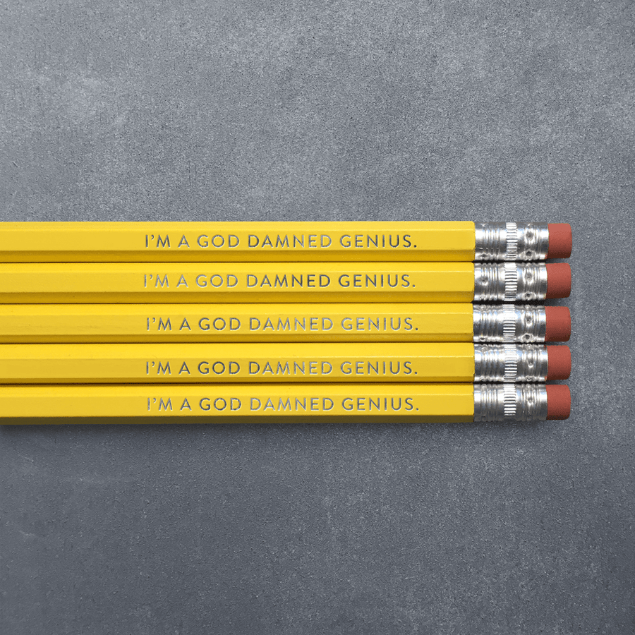 Huckleberry Letterpress Pen and Pencils I'm a God Damned Genius - Pencil Pack of 5