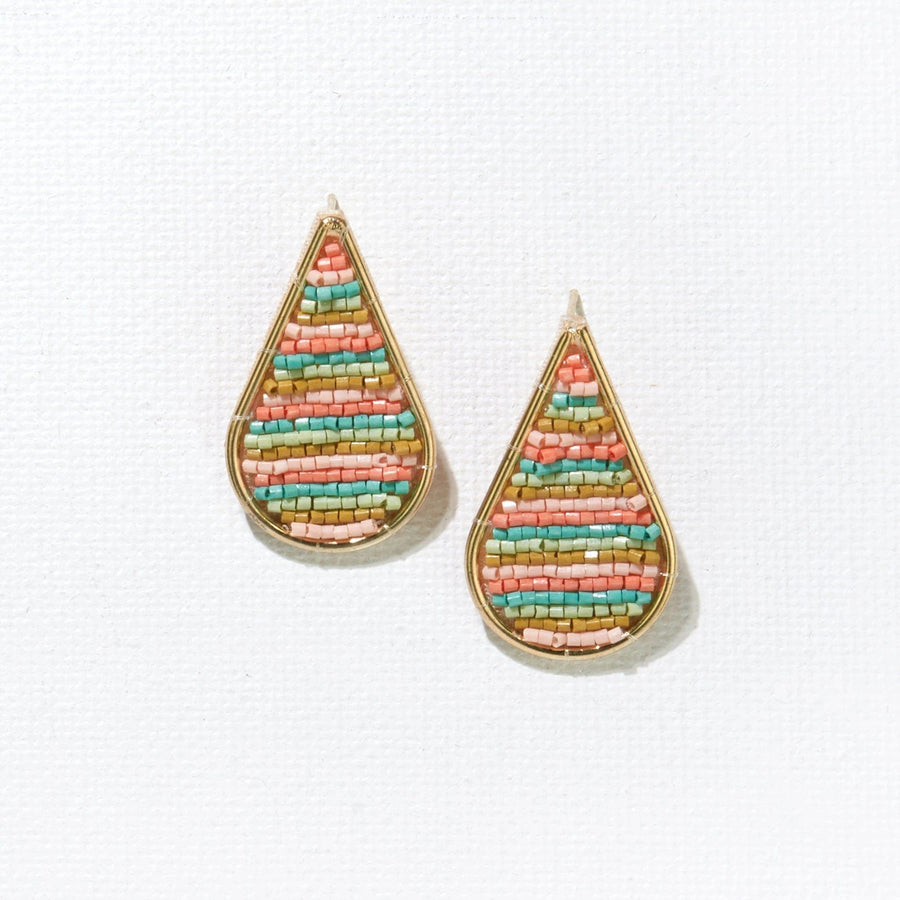 Ink + Alloy Earrings Coral Mint Stripe Bead Embroidered Drop Post Earrings