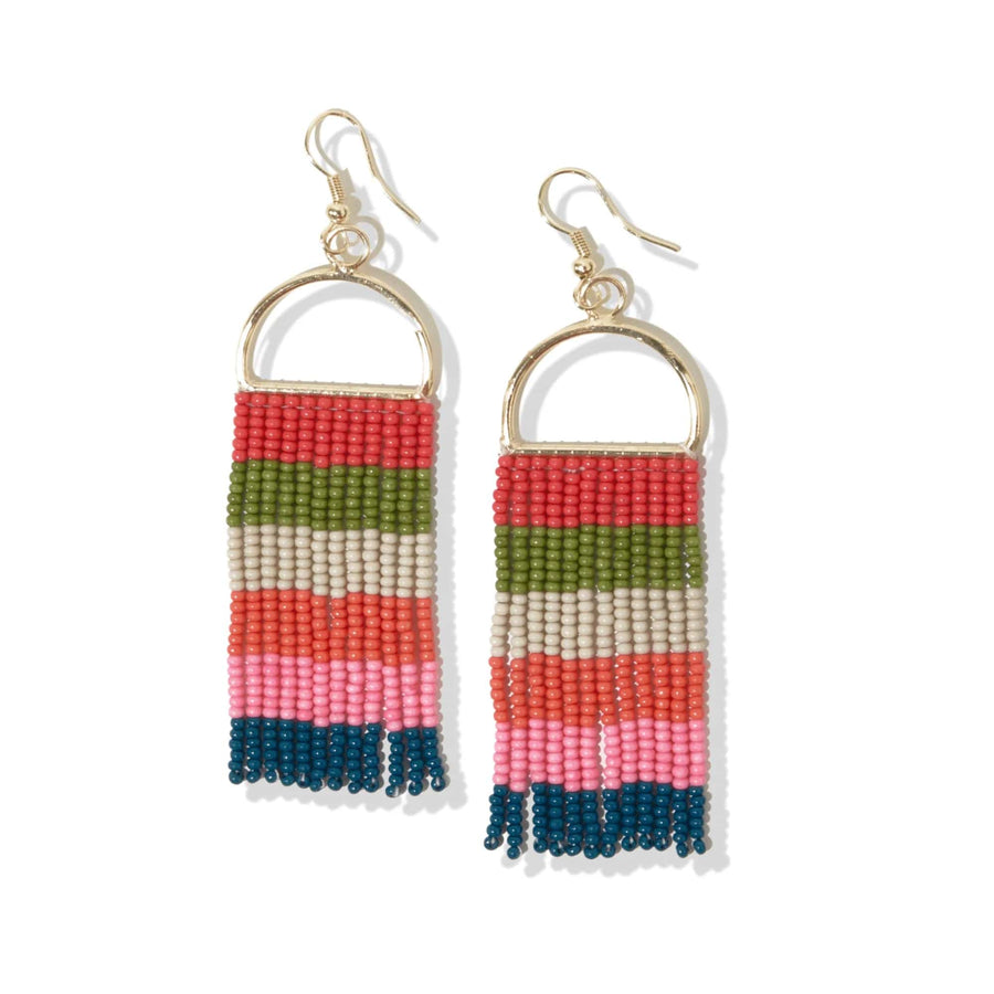 Ink + Alloy Earrings Peacock Pink Coral Horizontal Stripe On Arch Fringe Seed Bead Earring