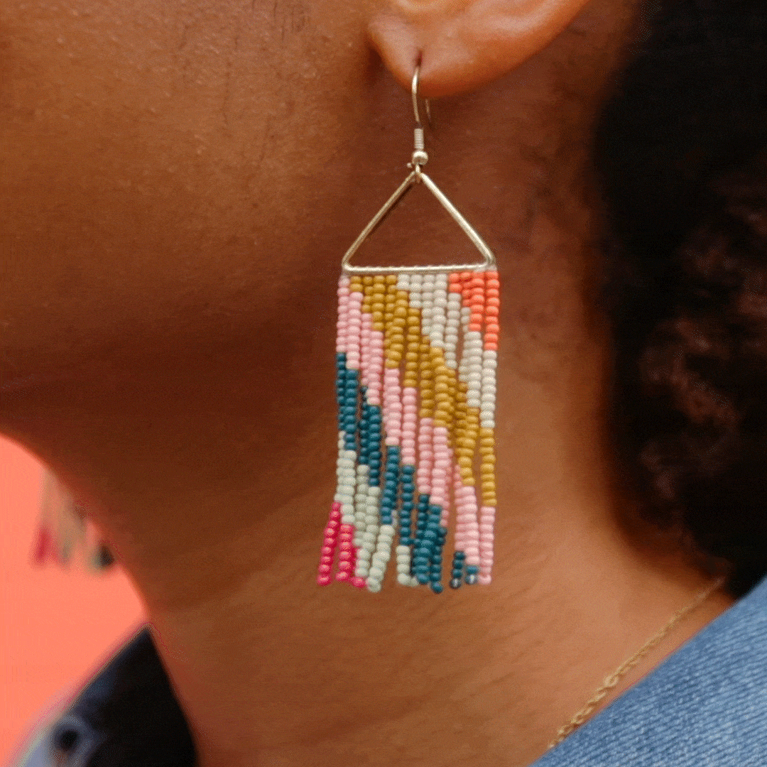 Ink + Alloy Earrings Pink Citron Peacock Diagonal Stripe On Triangle Earring