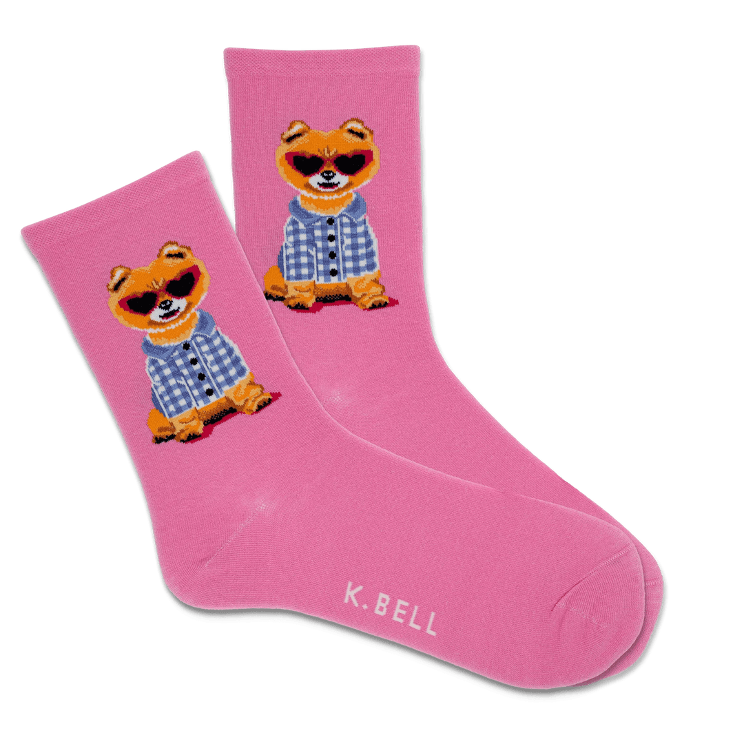 K. Bell Socks Women's Summer Dog Fabric Crew Socks- Pink