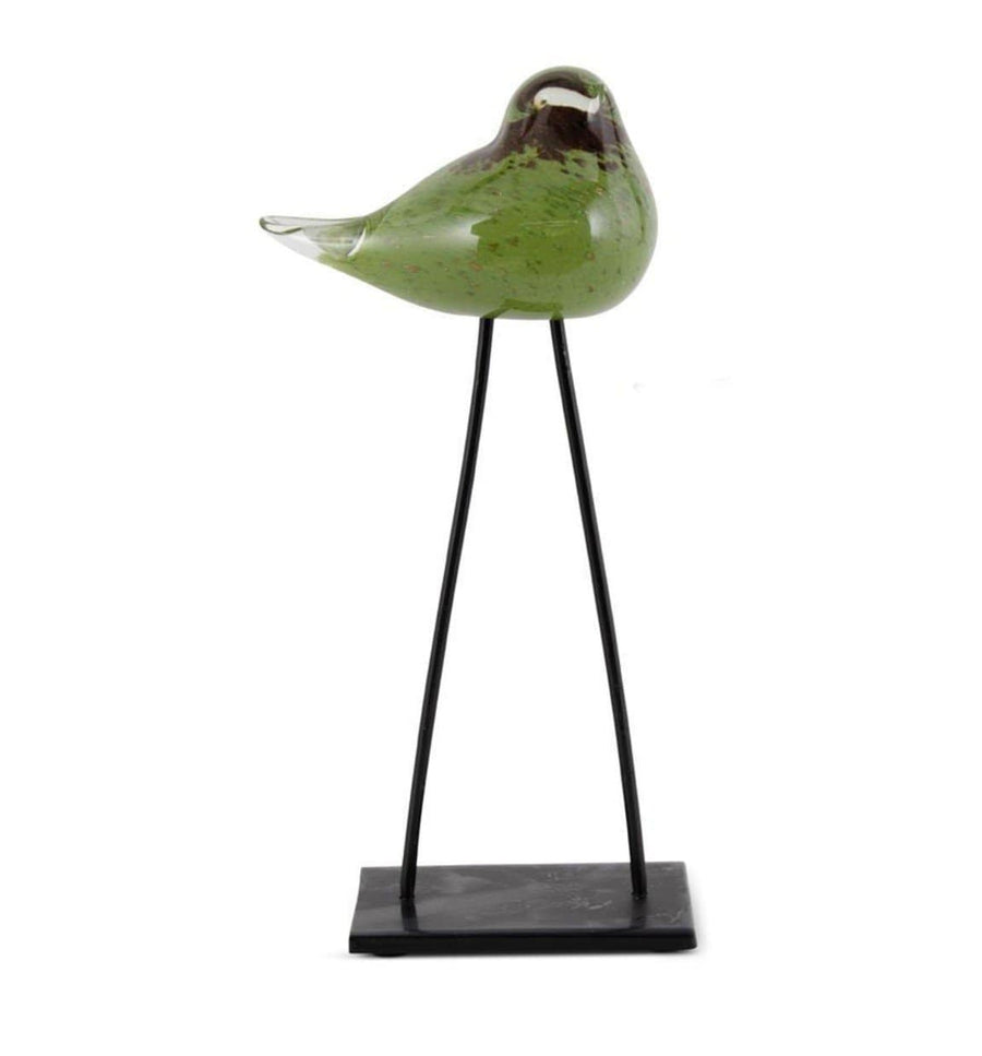K&K Interiors Home Accents Green & Brown 12 Inch Speckled Glass Bird w. Long Metal Legs