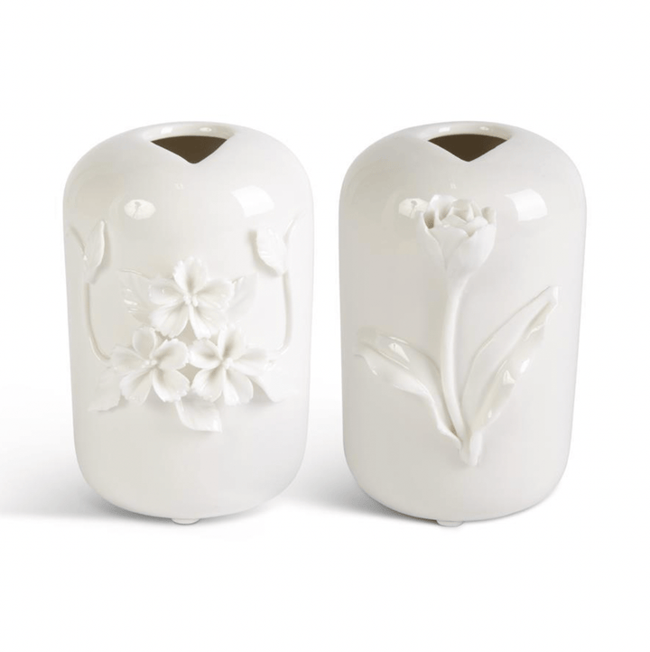 K&K Interiors Vase White Ceramic Vase with Raised Flowers