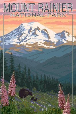 Lantern Press Card Mount Rainier National Park, Bear & Spring Flowers Notecard
